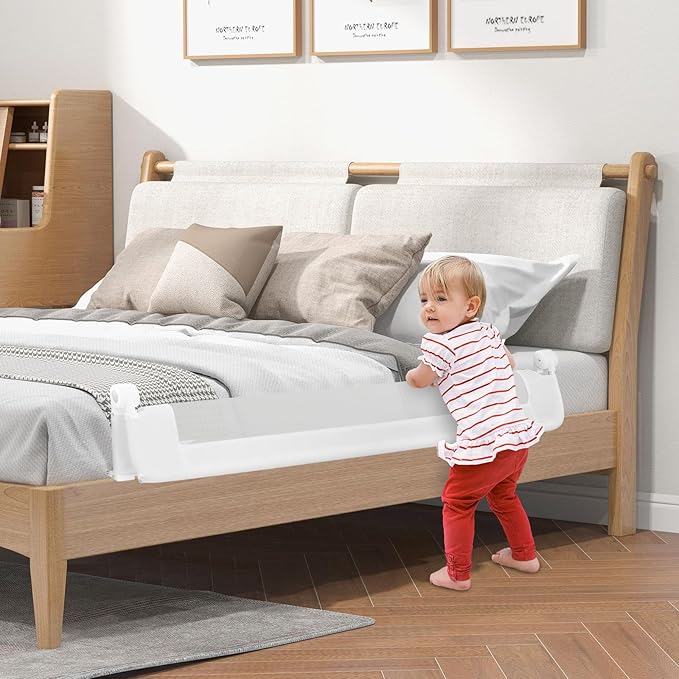HONEY JOY 2 Pack Bed Rails for Toddlers, 60-Inch Extra Long, Foldable Portable Swing Down Safety Bed Guard Rail, Toddler Bed Rails for Crib, King Queen Full Twin Size Bed Mattress (White)