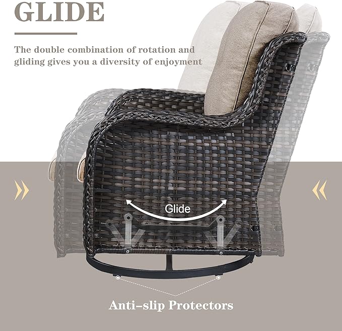 Outdoor Sectional Sofa Furniture Set with Propane Fire Pit Table, Wicker Patio Conversation Set with 2 Swivel Glider Rocker Chairs Grey Cushion Perfect for Backyard Casual Gathering