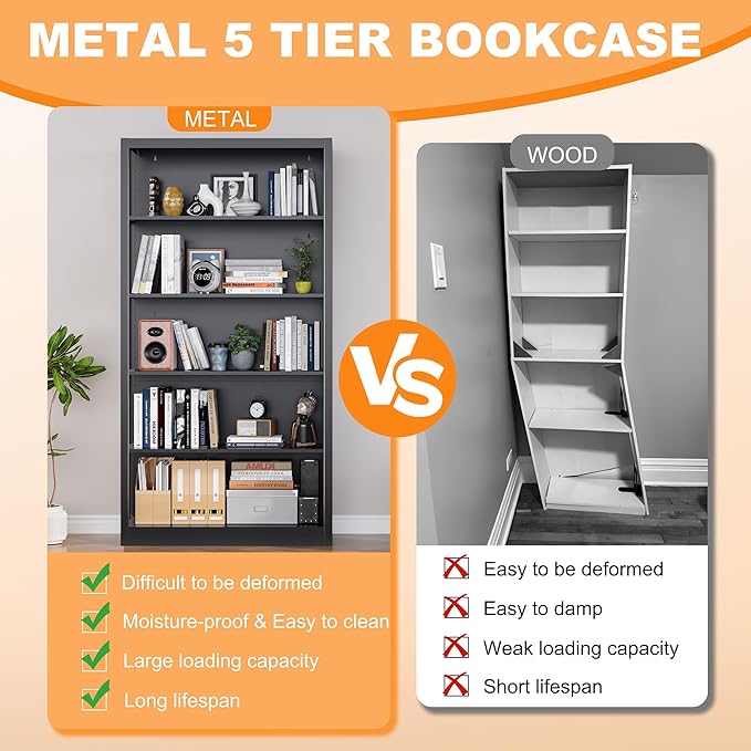 66" Tall Metal Bookcase, 5 Shelf Black Bookcase with Adjustable Shelves, Large Bookshelves and Bookcases, Modern Book Shelf Storage Organizer for Living Room, Home Office, Library (Black)