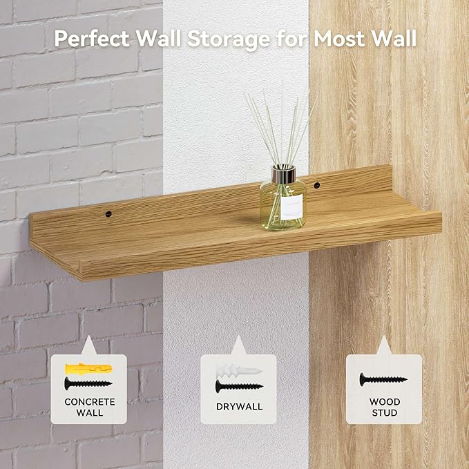 47.2 Inches Long Floating Shelves Wall Mounted, 2 Set Rustic Wall Shelf for Bedroom, Nursery Book Shelf with Lip, Picture Ledge Shelf for Wall Decor Living Room Bathroom Kitchen - Oak