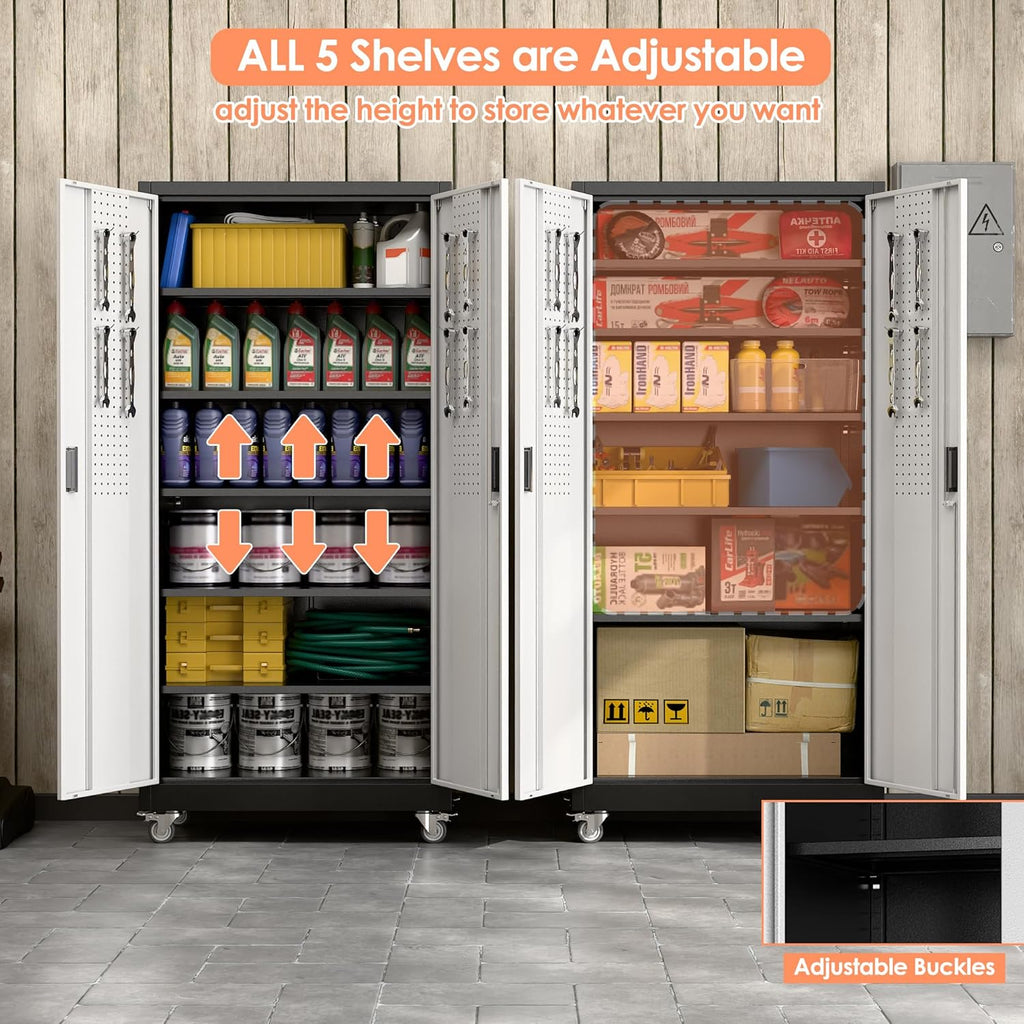 Aobabo 71" H×32" W×16" D Metal Storage Cabinet with Wheels, Garage Steel Storage Cabinet with 5 Adjustable Shelves and 4 Hooks for Home Office,Kitchen, Black Silver,Assembly Required
