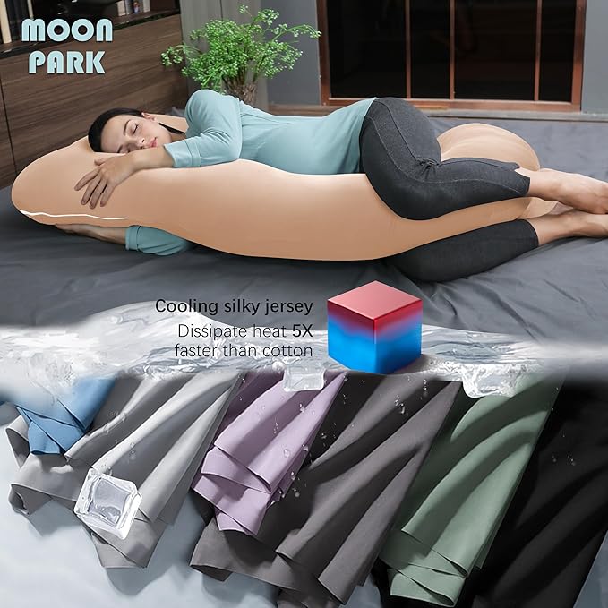 MOON PARK Pregnancy Pillows for Sleeping - U Shaped Full Body Maternity Pillow with Removable Cover - Support for Back, Legs, Belly, HIPS - 65 Inch - Brown - Cooling Cover