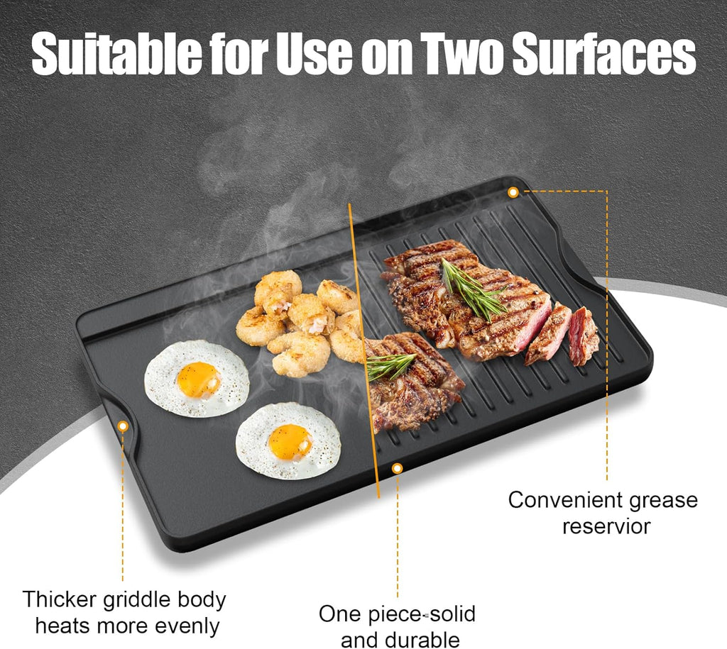 AJinTeby 2-in-1 Reversible 16” x 24” Pre-Seasoned Cast Iron Cooking Griddle for Gas Stove/Charcoal/Electric/Propane/Gas Grill, Flat Griddle Top Plate for Camping Tailgating