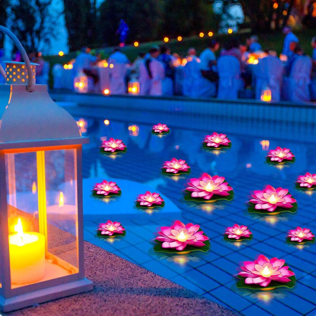 Liliful 24 Pcs Diwali Lotus Decoration Pool Floating Lights, Artificial Flowers Lotus with LED,Lily Pads Water Lantern for Indian Puja Home Decoration(3.94 Inch, 5.91 Inch,Pink)