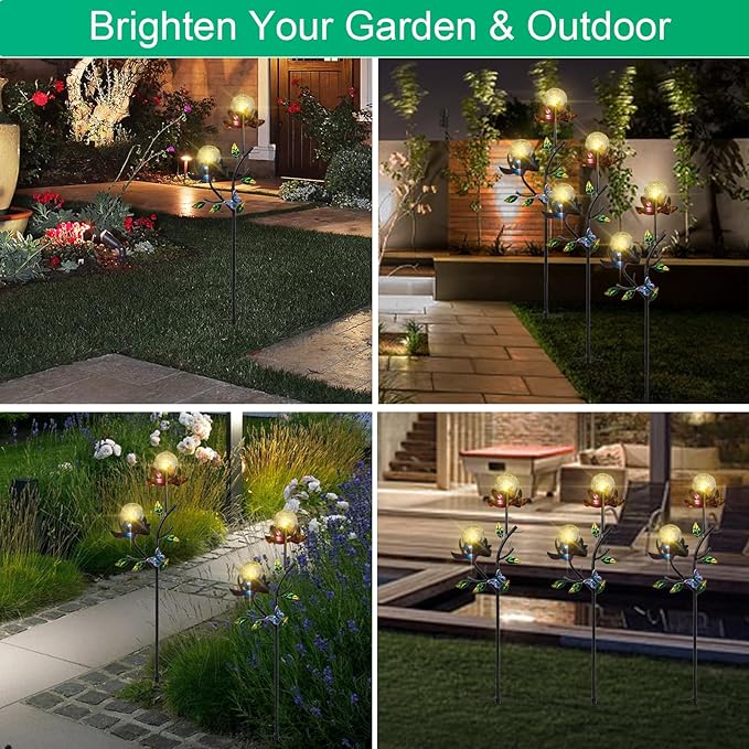 VCUTEKA Solar Garden Light Solar Flowers Light with LED Crackle Glass Globe Solar Lights Outdoor Metal Garden Stake Wind Spinner for Garden Decoration, Patio Decor, Yard Decor and Gift for Mother