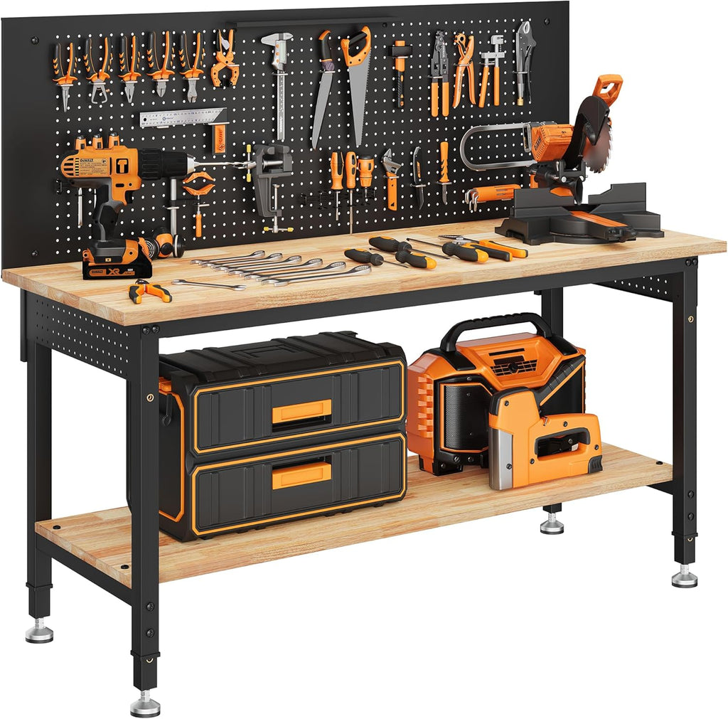 60" Work Bench Adjustable Height with Storage Shelf, Max Load 2000 LBS Heavy Duty Rubberwood Tabletop with Pegboard, LED Light, Built-in Power Strip for Woodworking Shop, Garage, Home