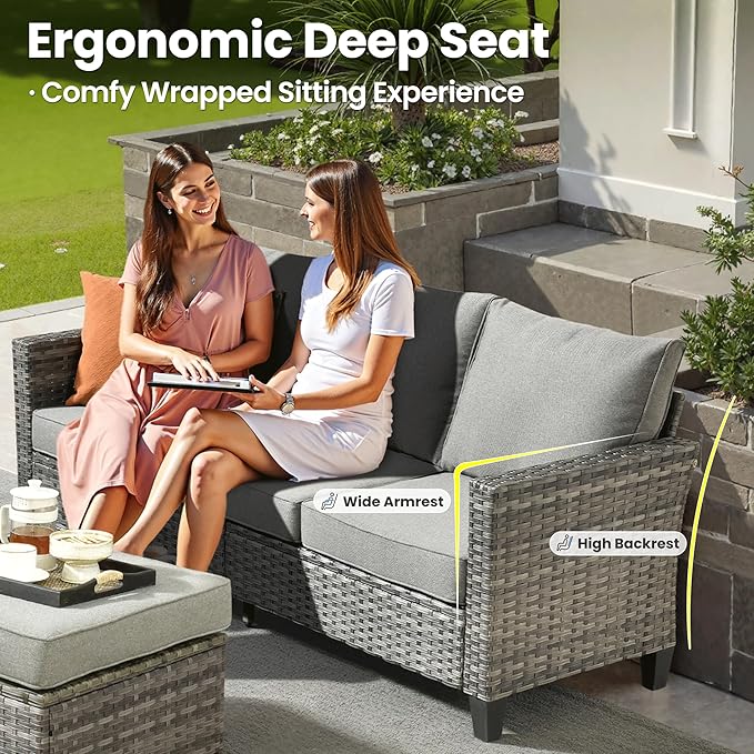 ovios 7 Pieces Patio Furniture Set with 54" Fire Pit Table, Outdoor Wicker Sofa with Comfy Cushions, All Weather High Back Rattan Couch Conversation Set, Dark Grey