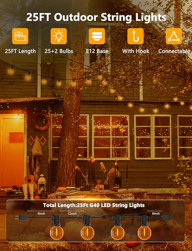 Halloween Orange String Lights, 25Ft G40 Outdoor Halloween Decorations Lights with 27 LED Shatterproof Orange Globe Bulbs, Hanging Patio Lights for Christmas Backyard Holiday Fall Party Garden Decor