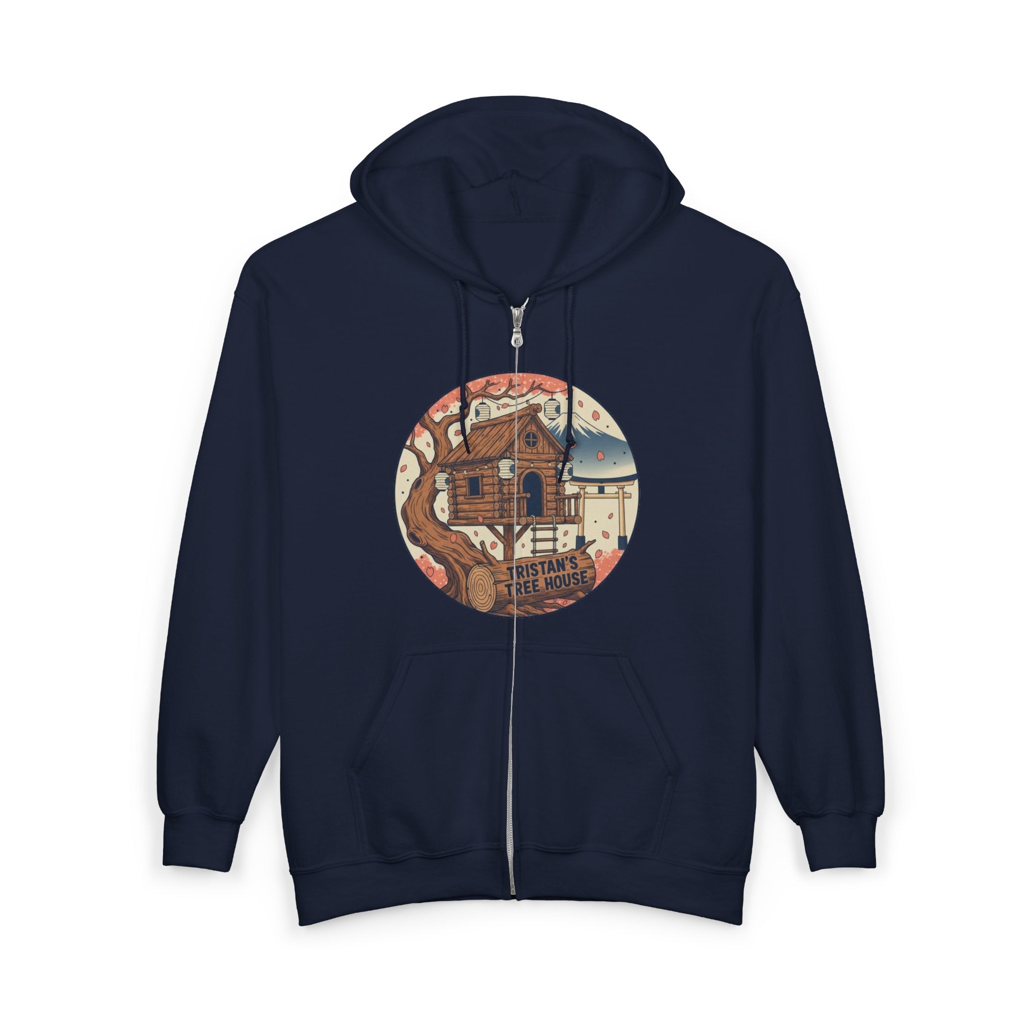Cabin Vibes Zip Hoodie —Tristan’s Treehouse  Rustic Lakeside Circle Illustration