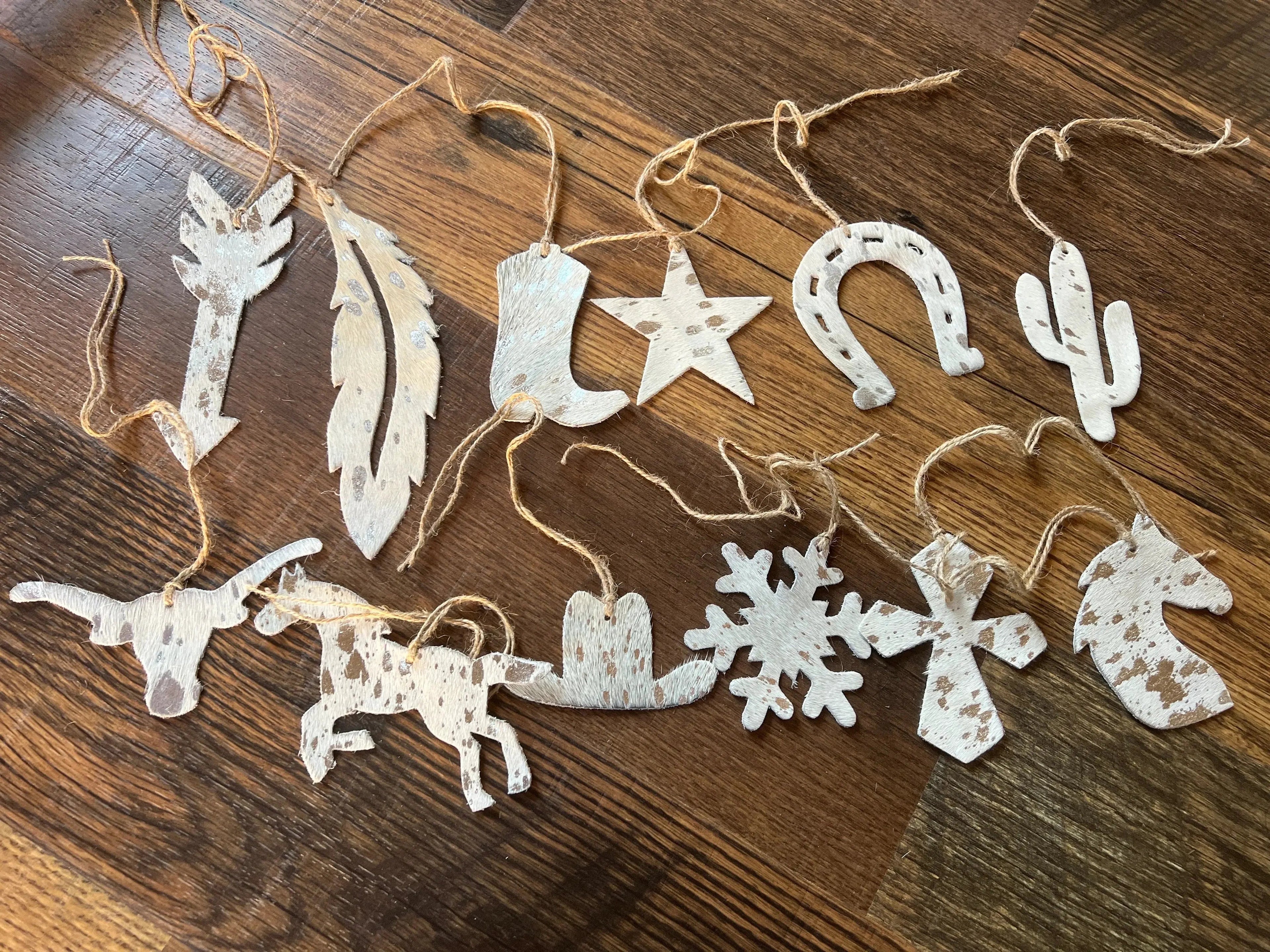 Silver/BROWN ACID WASH Leather Cowhide Christmas Ornament