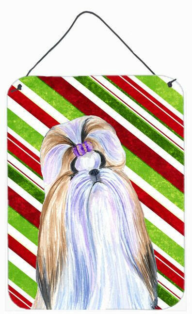 Shih Tzu Candy Cane Holiday Christmas Wall or Door Hanging Prints Aluminum Metal Sign Kitchen Wall Bar Bathroom Plaque Home Decor Front Door Plaque, 12x16, Multicolor