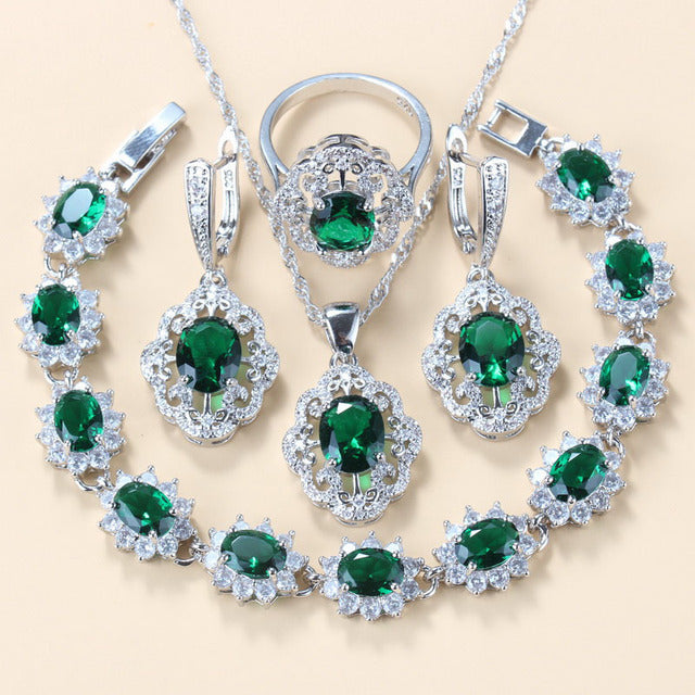 Garnet Cubic Zirconia Earrings Pendant Necklace Bracelet Ring Gift 4 PCs Set