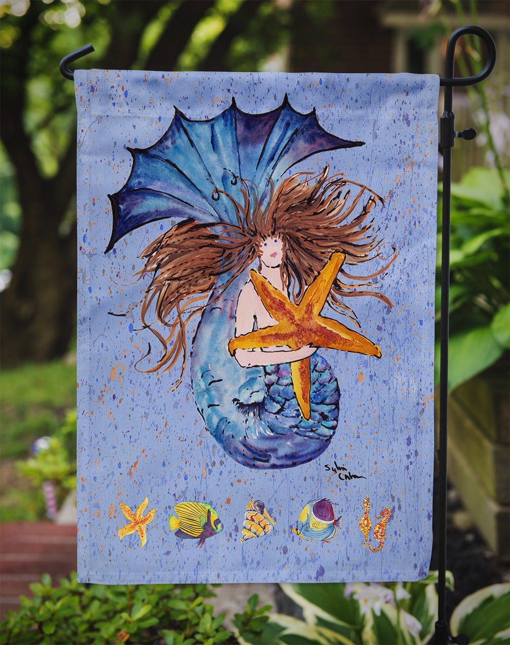 Brown Headed Mermaid on Blue Garden Flag Mailbox Decorative Yard Banner Outside Patio Artwork for Flower Beds, Garden Size, Multicolor