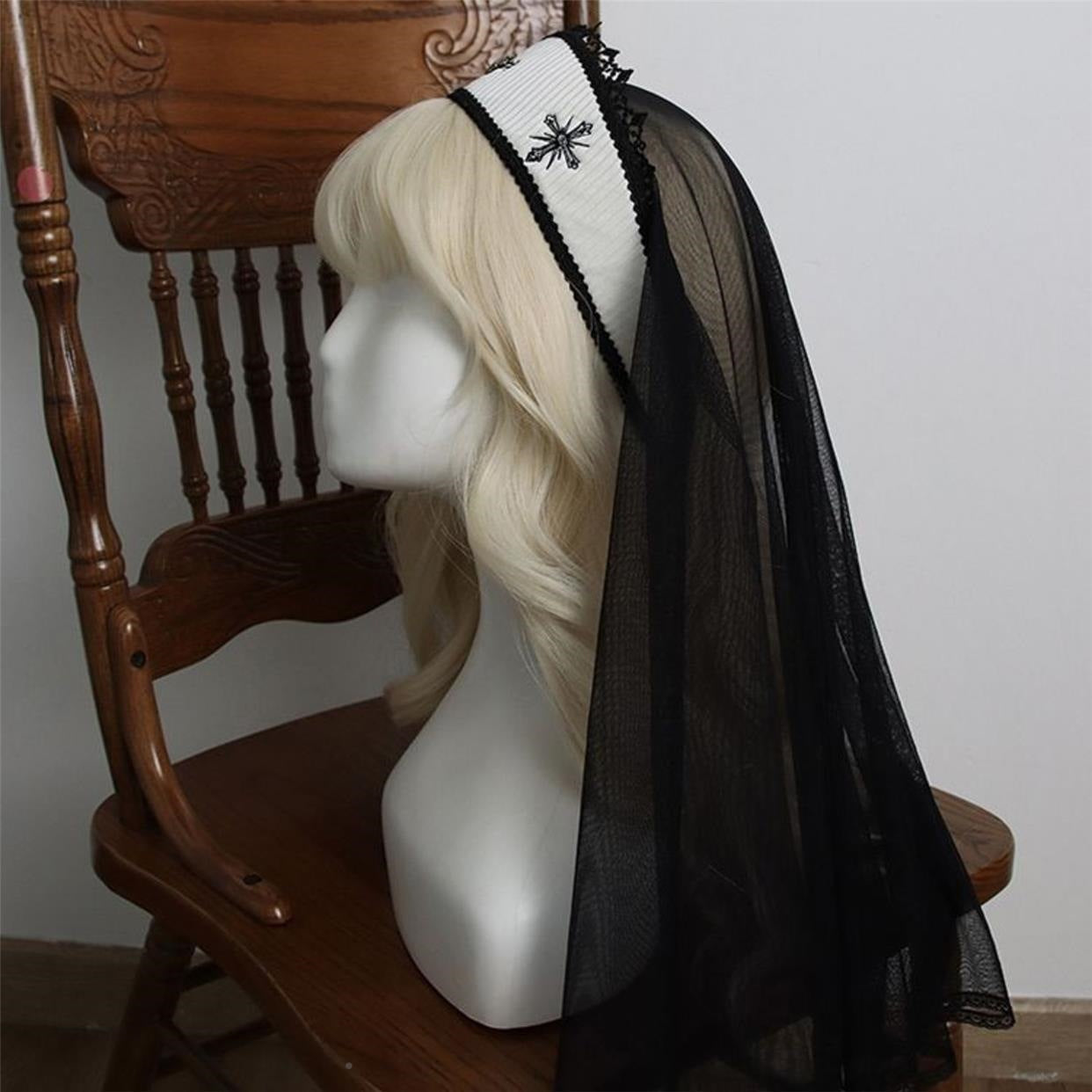 Nun Headdress Retro Hair Band Church Cross Embroidery Light Diamond Shawl Veil