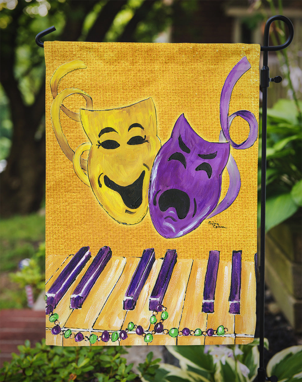 Mardi Gras Piano with Comedy and Tragedy Masks Garden Flag Mailbox Decorative Yard Banner Outside Patio Artwork for Flower Beds, Garden Size, Multicolor