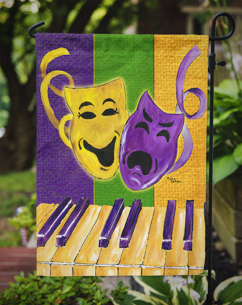 Mardi Gras Piano with Comedy and Tragedy Masks Garden Flag Mailbox Decorative Yard Banner Outside Patio Artwork for Flower Beds, Garden Size, Multicolor
