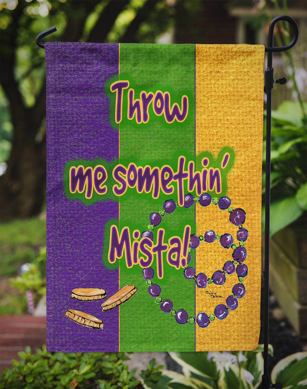Mardi Gras Throw me something mister Garden Flag Mailbox Decorative Yard Banner Outside Patio Artwork for Flower Beds, Garden Size, Multicolor