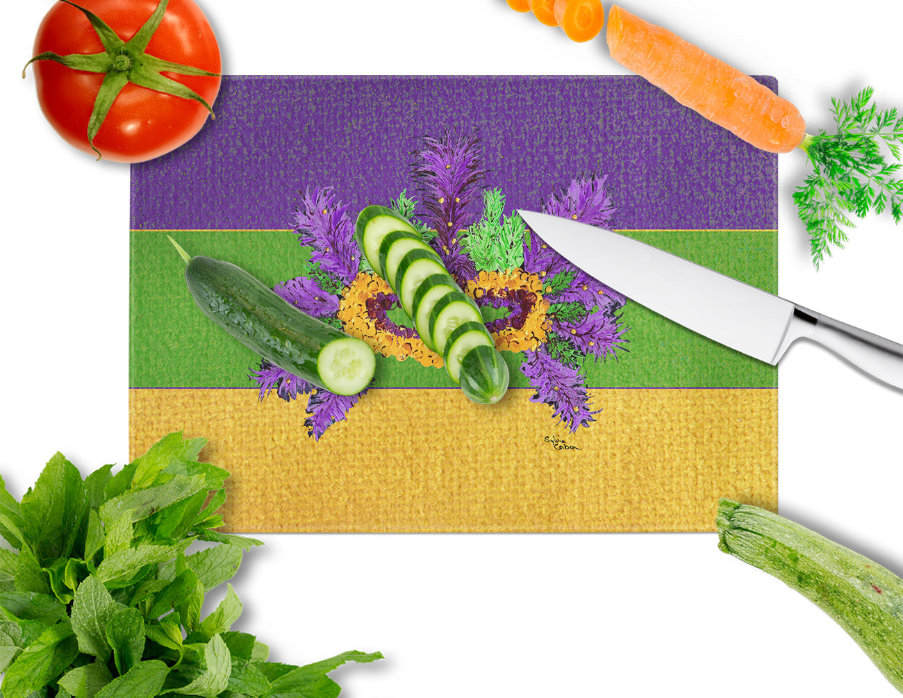Mardi Gras Cutting Board Tempered Glass Kitchen Cutting Surface, Heat Resistant Chopping, Non-Slip Feet, Food Prep & Serving