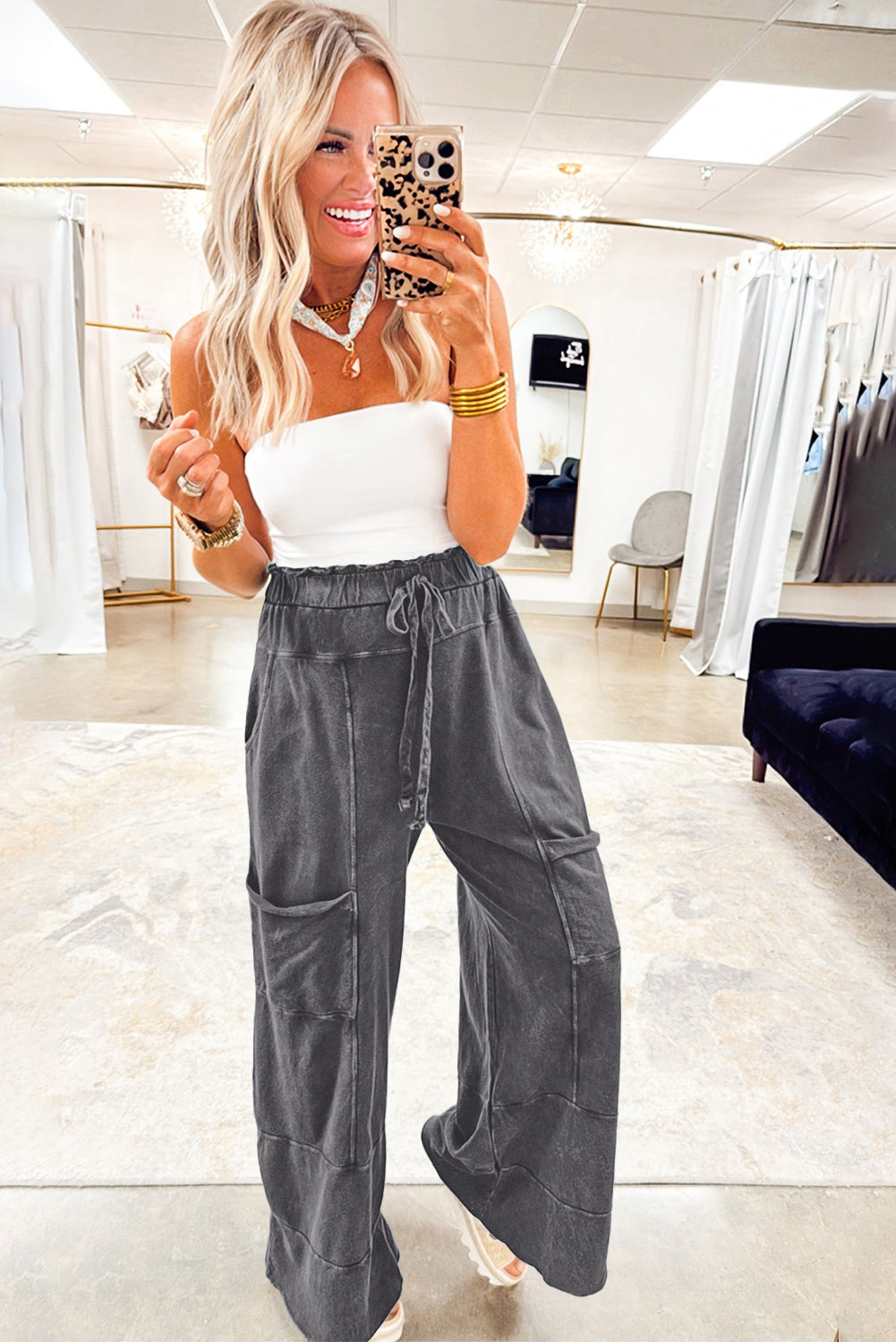 Medium Grey Mineral Wash Lace-up High Waist Raw Hem Patched Pocket Pants