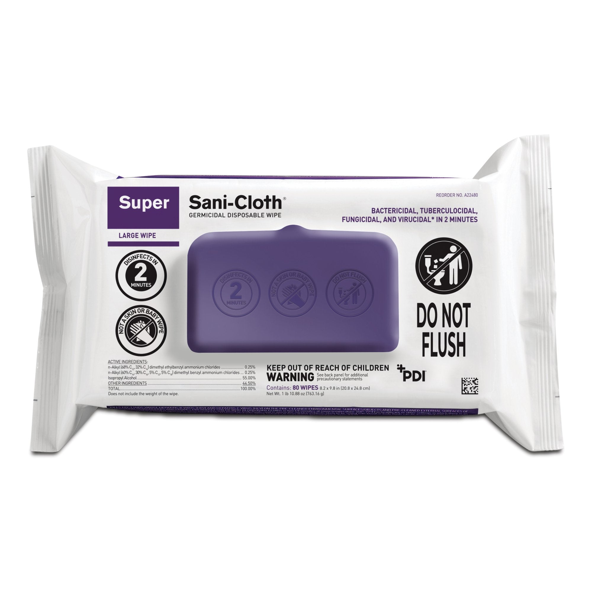 Super Sani-Cloth® Large Germicidal Disinfectant Wipes, Soft Pack A22480