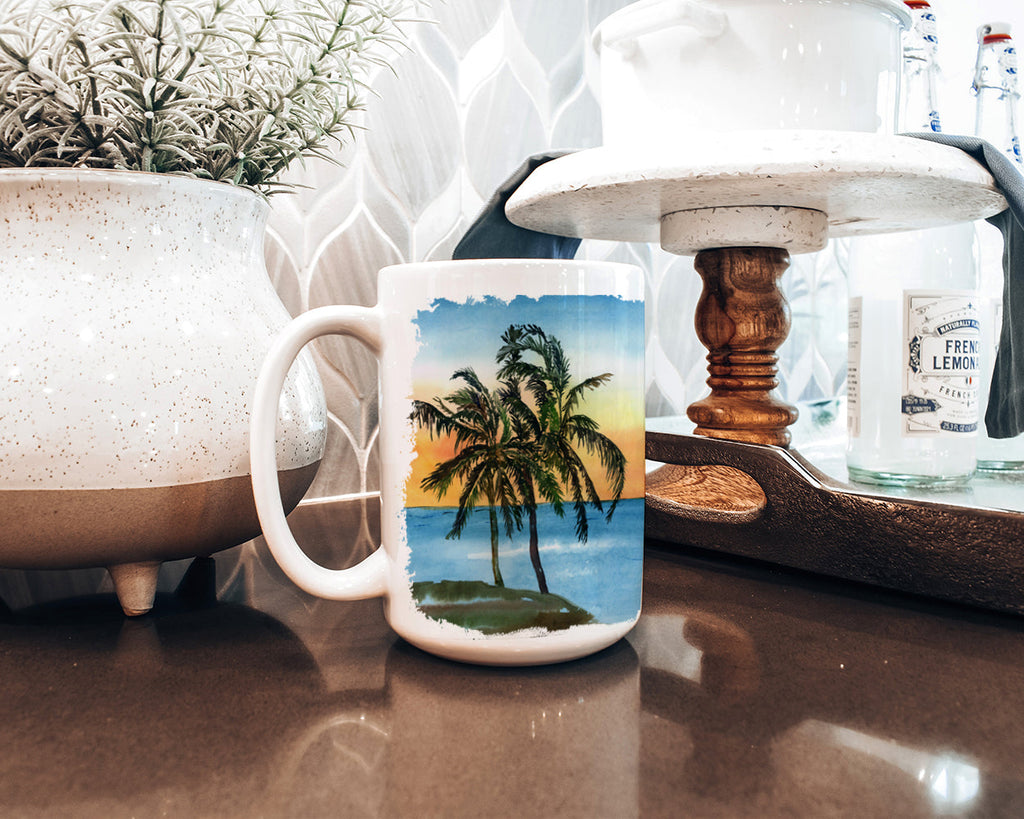 Palm Tree Ceramic Coffee Mug 15 oz Decorative Large C Handle Mug Cup for Tea, Cocoa Hot Chocolate