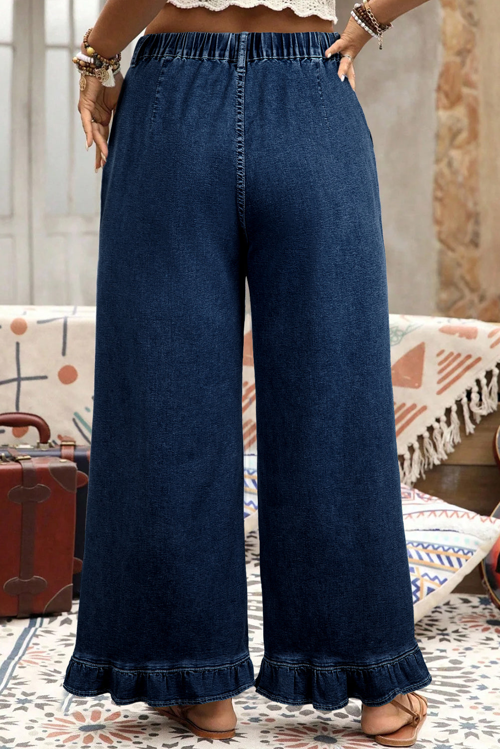 Black Plus Size Elastic Waist Ruffled Wide Leg Denim Pants