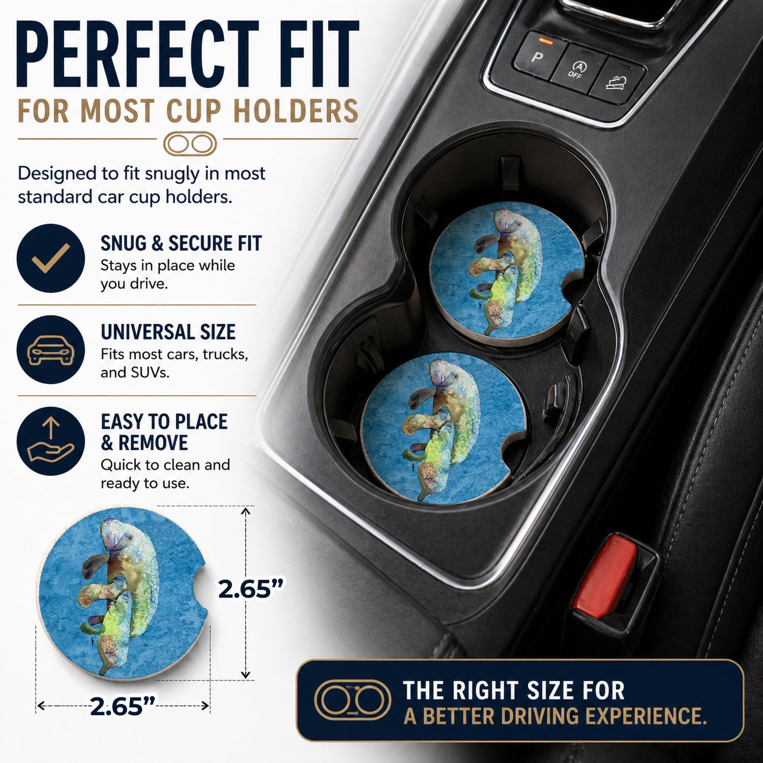 Manatee Set of 2 Cup Holder Car Coasters Absorbent Round Sandstone Coasters Gifts for Men or Women, 2.5, Multicolor