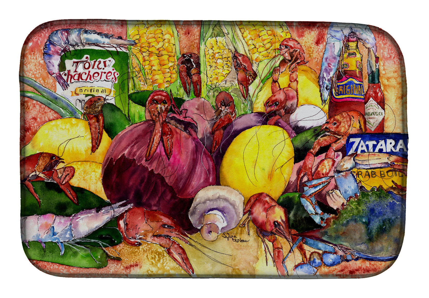 Crawfish with Spices and Corn Dish Drying Mat Absorbent Dish Drying Mat Pad for Kitchen Counter Dish Drainer Mat for Countertop, 14 x 21", Multicolor
