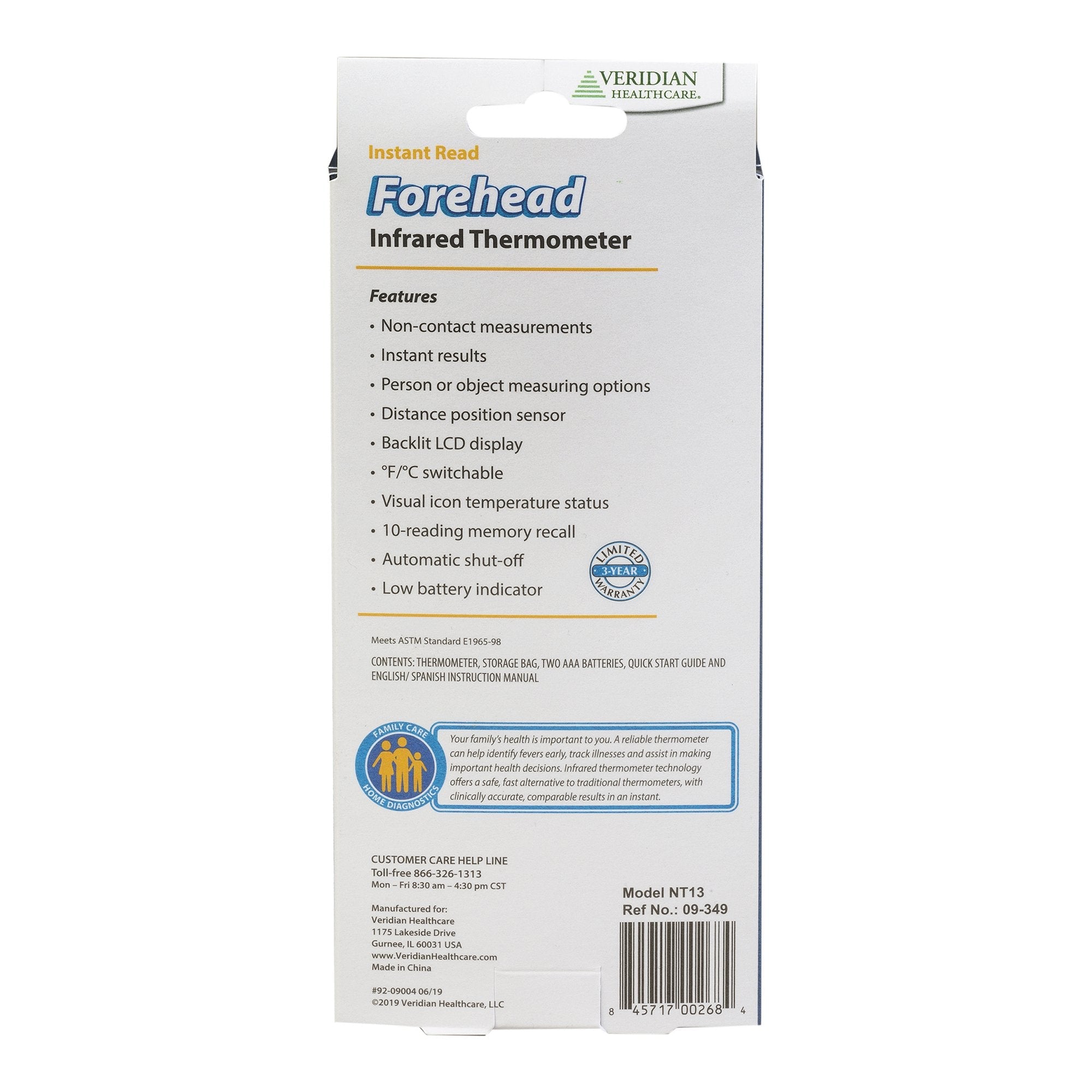 Veridian Non-Contact Infrared Forehead Thermometer 09-349