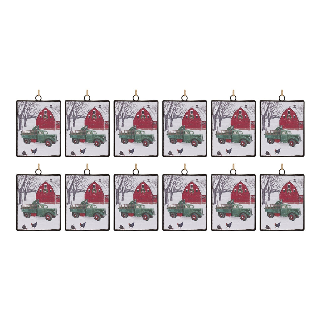 Glass Truck and Barn Ornament (Set of 12)