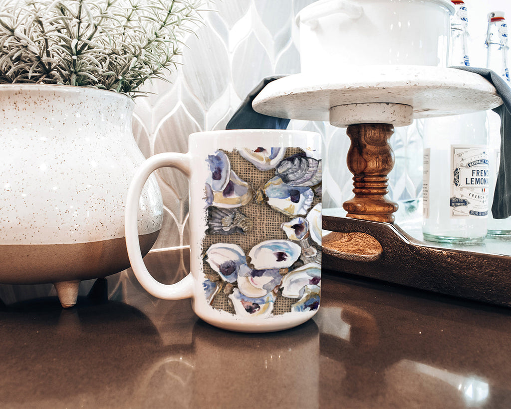 Oyster Ceramic Coffee Mug 15 oz Decorative Large C Handle Mug Cup for Tea, Cocoa Hot Chocolate