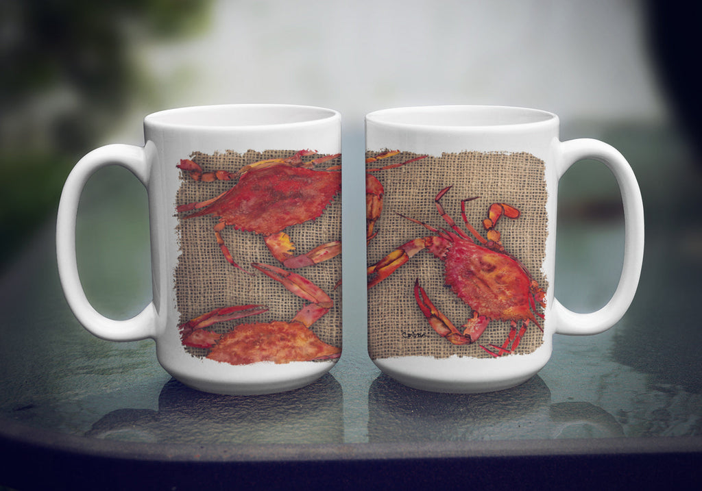 Cooked Crabs on Faux Burlap Ceramic Coffee Mug 15 oz Decorative Large C Handle Mug Cup for Tea, Cocoa Hot Chocolate