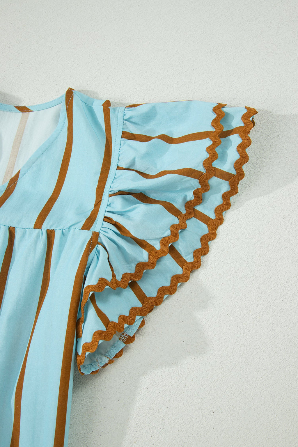 Sky Blue Stripe Ricrac Trim Double Ruffled Short Sleeve V Neck Blouse