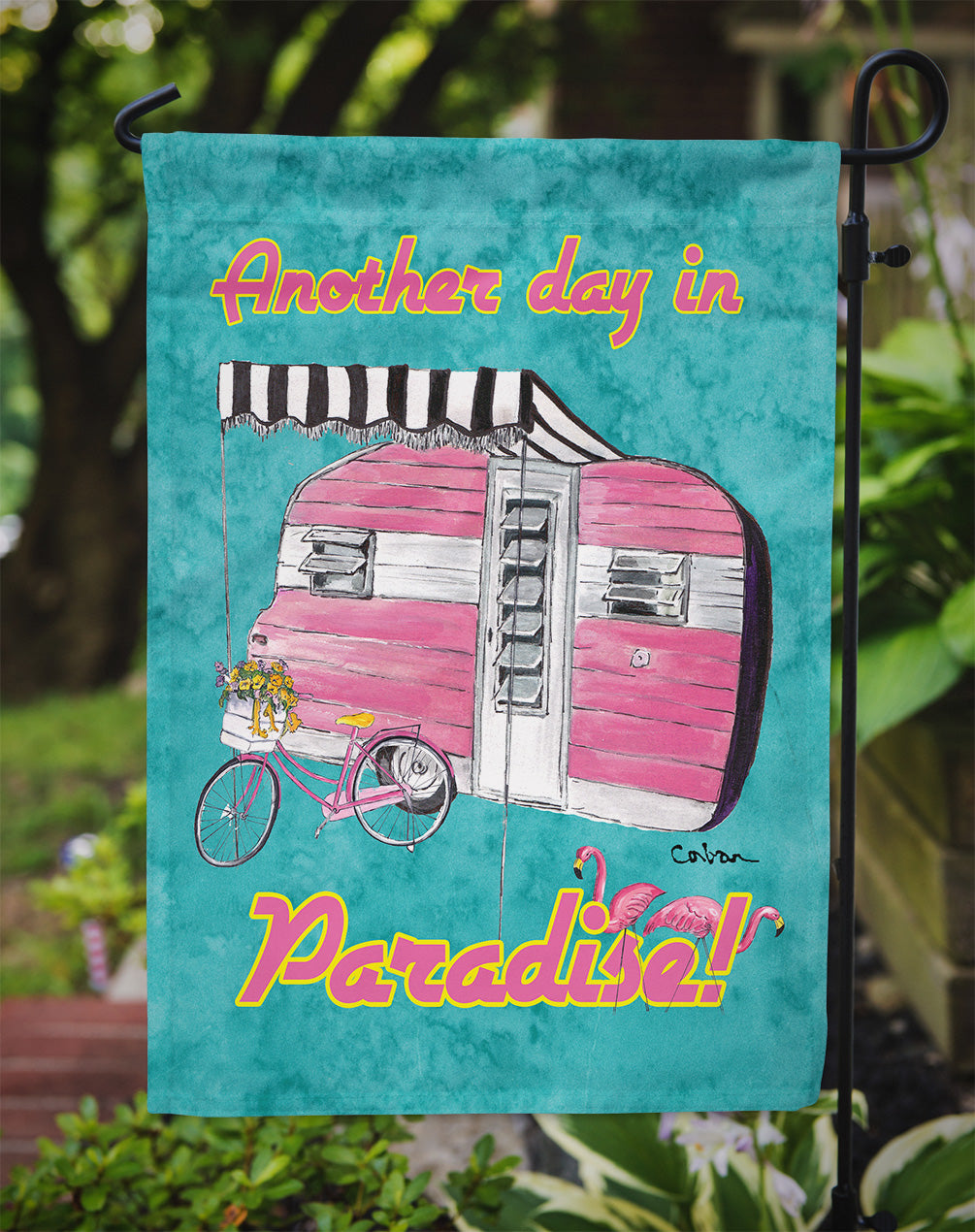 Another Day in Paradise Retro Glamping Trailer Garden Flag Mailbox Decorative Yard Banner Outside Patio Artwork for Flower Beds, Garden Size, Multicolor