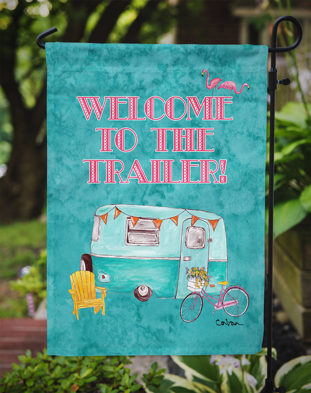 Welcome to the Trailer Retro Glamping Trailer Garden Flag Mailbox Decorative Yard Banner Outside Patio Artwork for Flower Beds, Garden Size, Multicolor