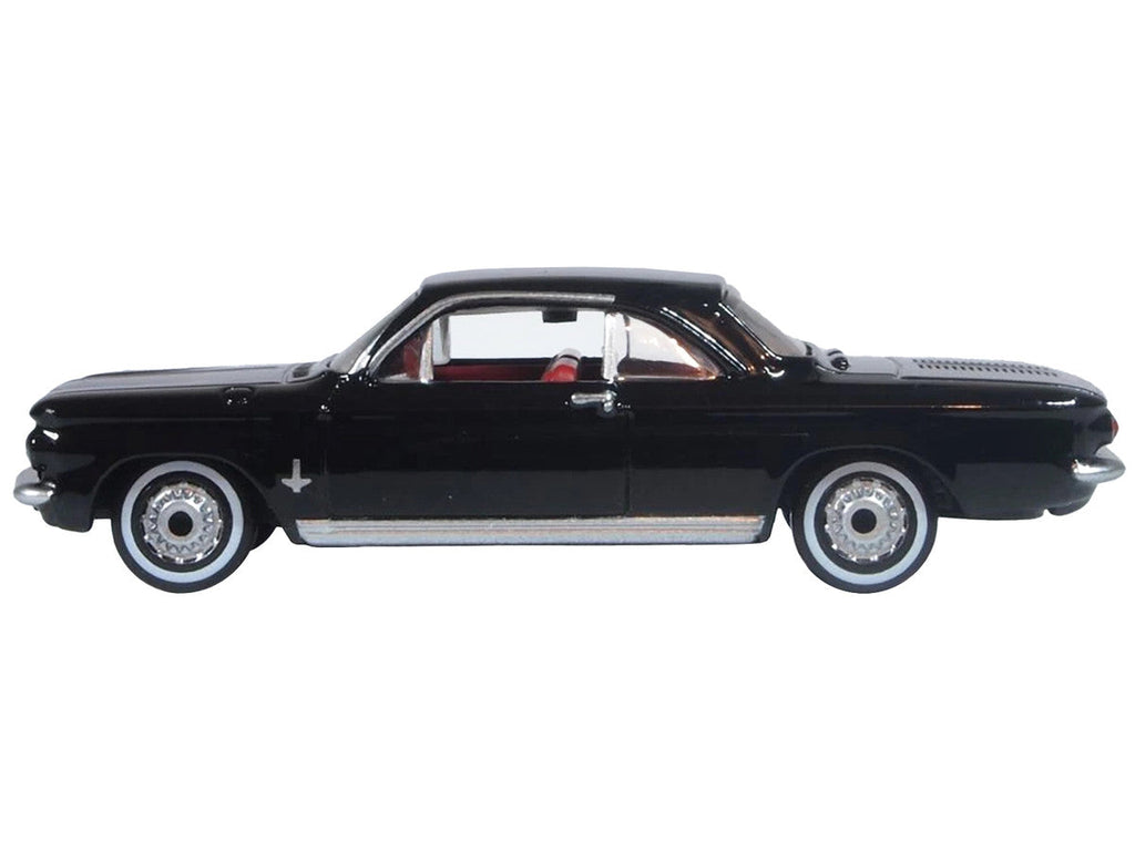1963 Chevrolet Corvair Coupe Tuxedo Black with Red Interior 1/87 (HO) Scale Diecast Model Car by Oxford Diecast