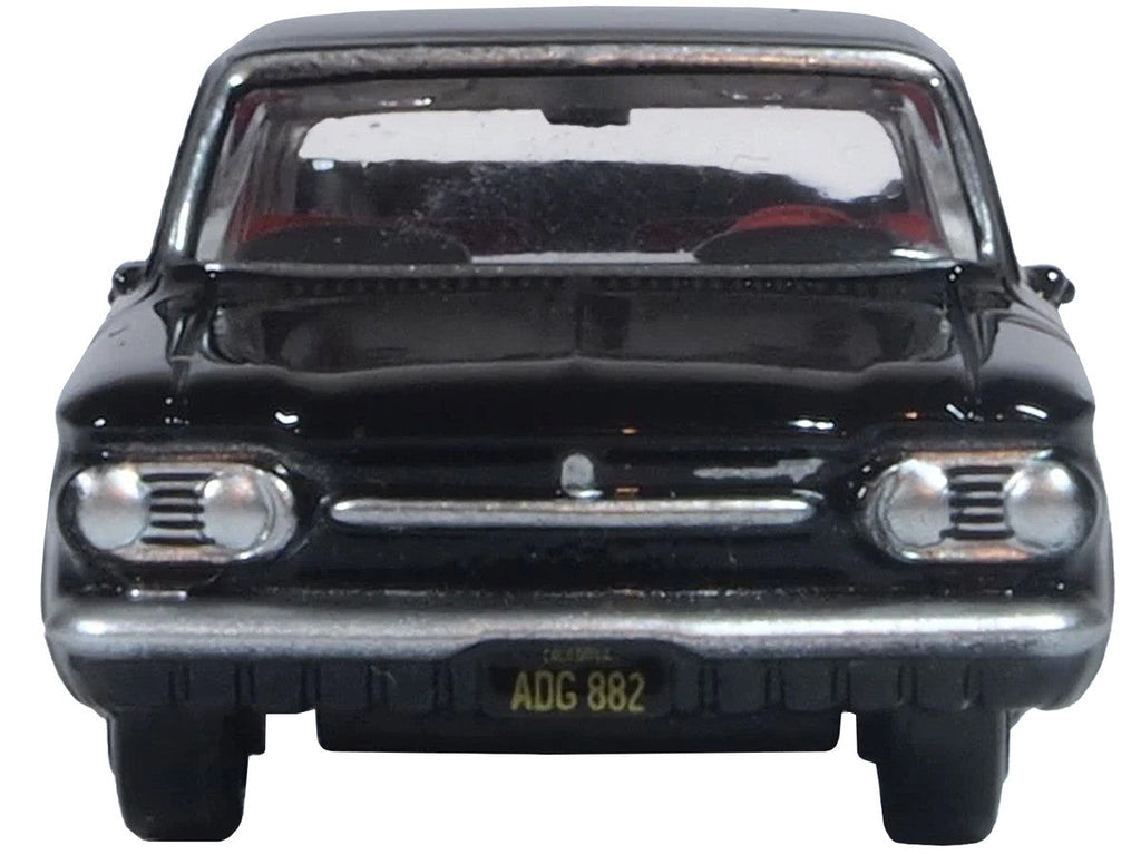 1963 Chevrolet Corvair Coupe Tuxedo Black with Red Interior 1/87 (HO) Scale Diecast Model Car by Oxford Diecast