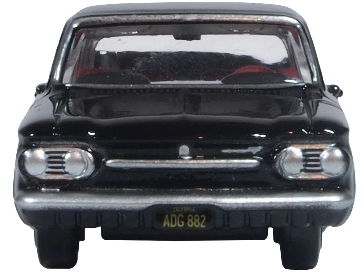 1963 Chevrolet Corvair Coupe Tuxedo Black with Red Interior 1/87 (HO) Scale Diecast Model Car by Oxford Diecast