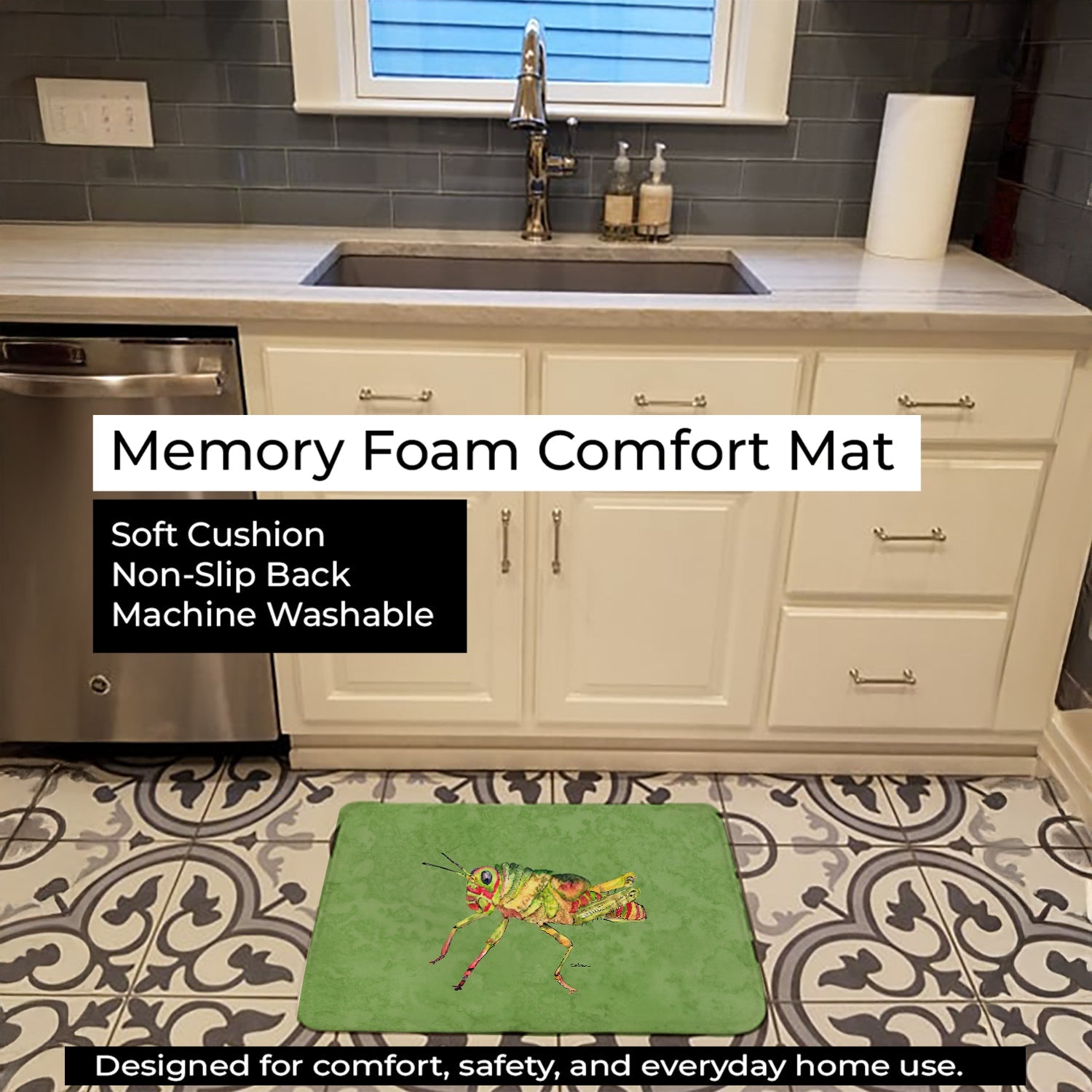 Grasshopper on Avacado Memory Foam Kitchen Mat Machine Washable Anti-Fatigue Cushion Comfort Bath or Kitchen Rug