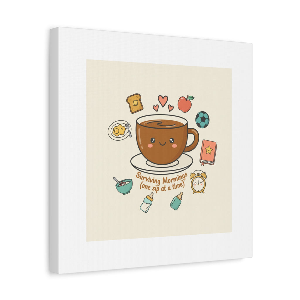 Surviving Mornings (One Sip at a Time) Canvas | Parenting Morning Humor, Coffee & Kids