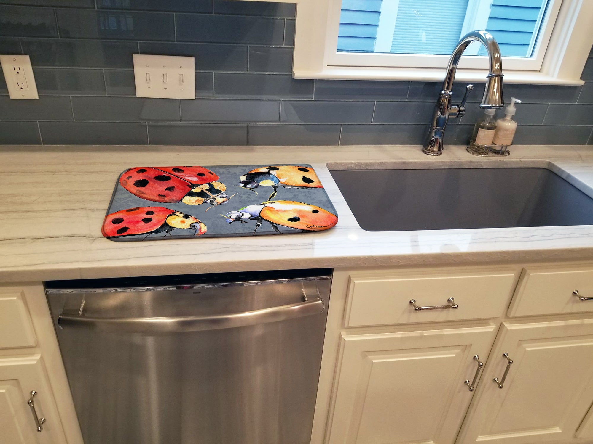 Lady Bug Multiple Dish Drying Mat Absorbent Dish Drying Mat Pad for Kitchen Counter Dish Drainer Mat for Countertop, 14 x 21", Multicolor