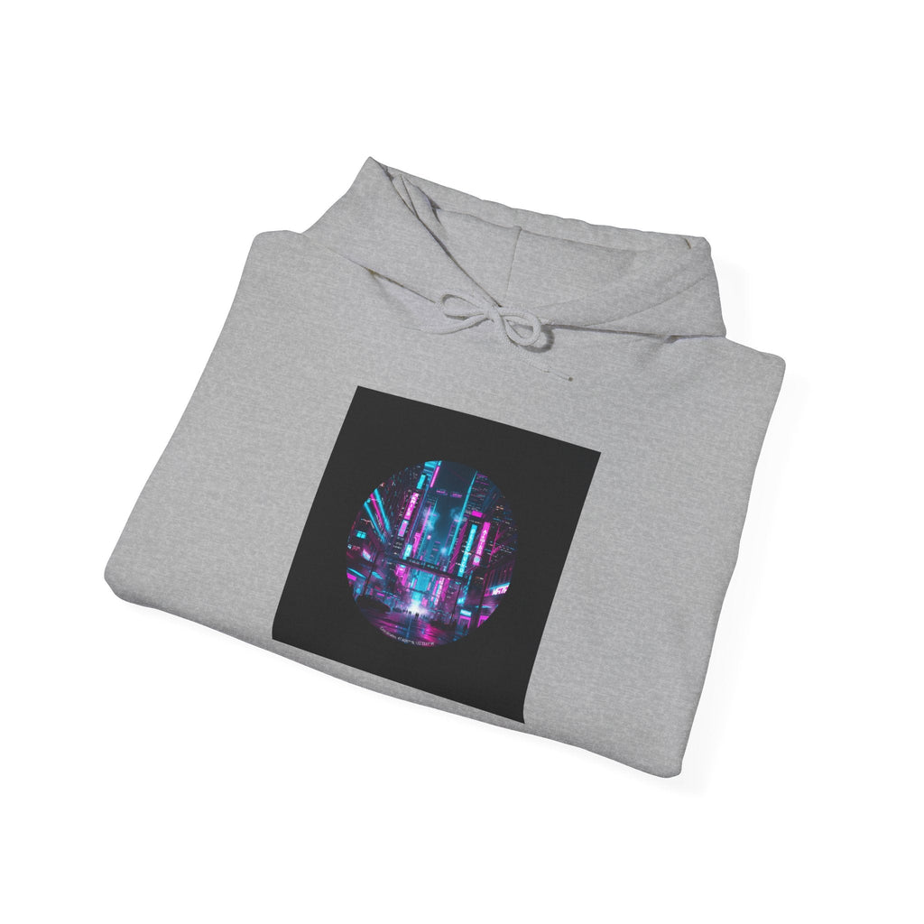 Neon Cyberpunk Skyline Hoodie | synthwave skyline, future city art