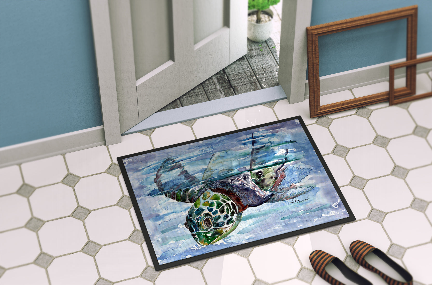 Loggerhead Turtle in a Dive Doormat Indoor Outdoor 18H X 27W Front Door Mat Rugs for Entryway, Non Slip Washable