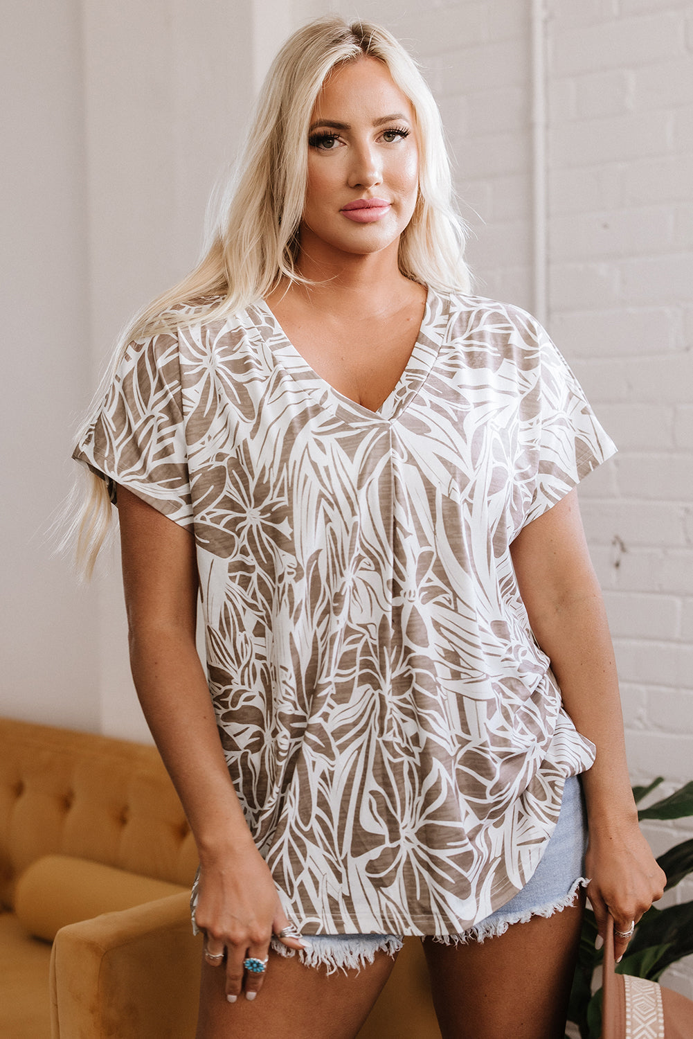 Khaki Floral Print V Neck Short Sleeve Loose Fit Blouse