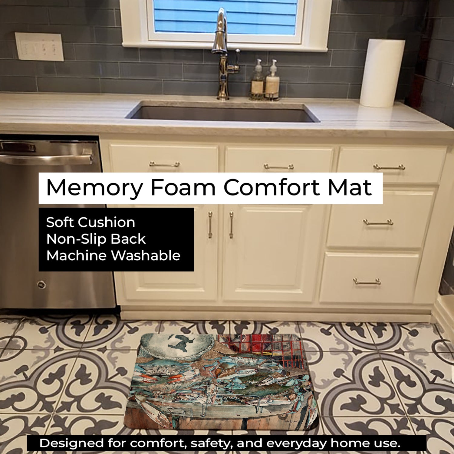 Basket Full of Blue Crabs Memory Foam Kitchen Mat Machine Washable Anti-Fatigue Cushion Comfort Bath or Kitchen Rug