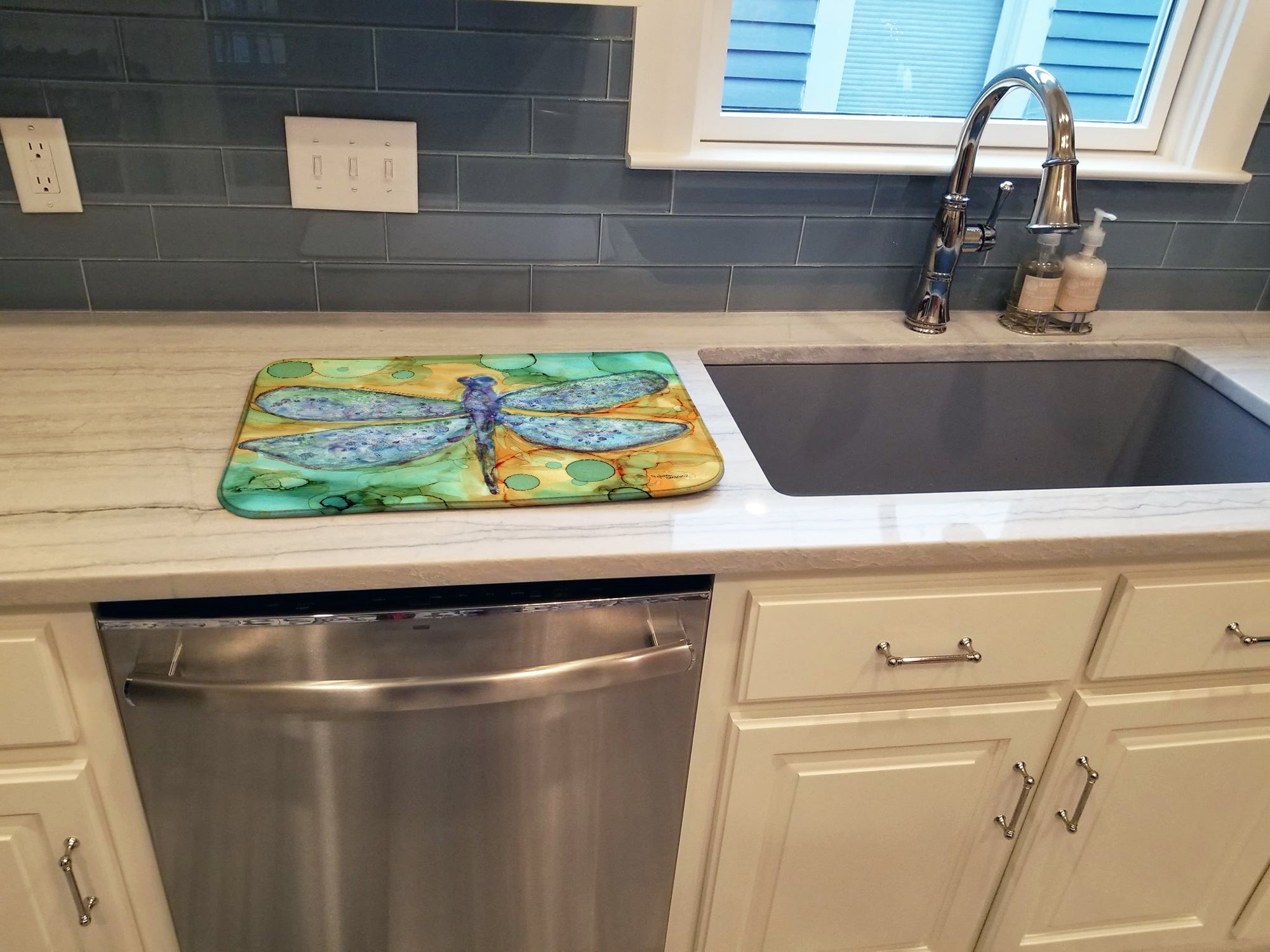Abstract Dragonfly Dish Drying Mat Absorbent Dish Drying Mat Pad for Kitchen Counter Dish Drainer Mat for Countertop, 14 x 21", Multicolor
