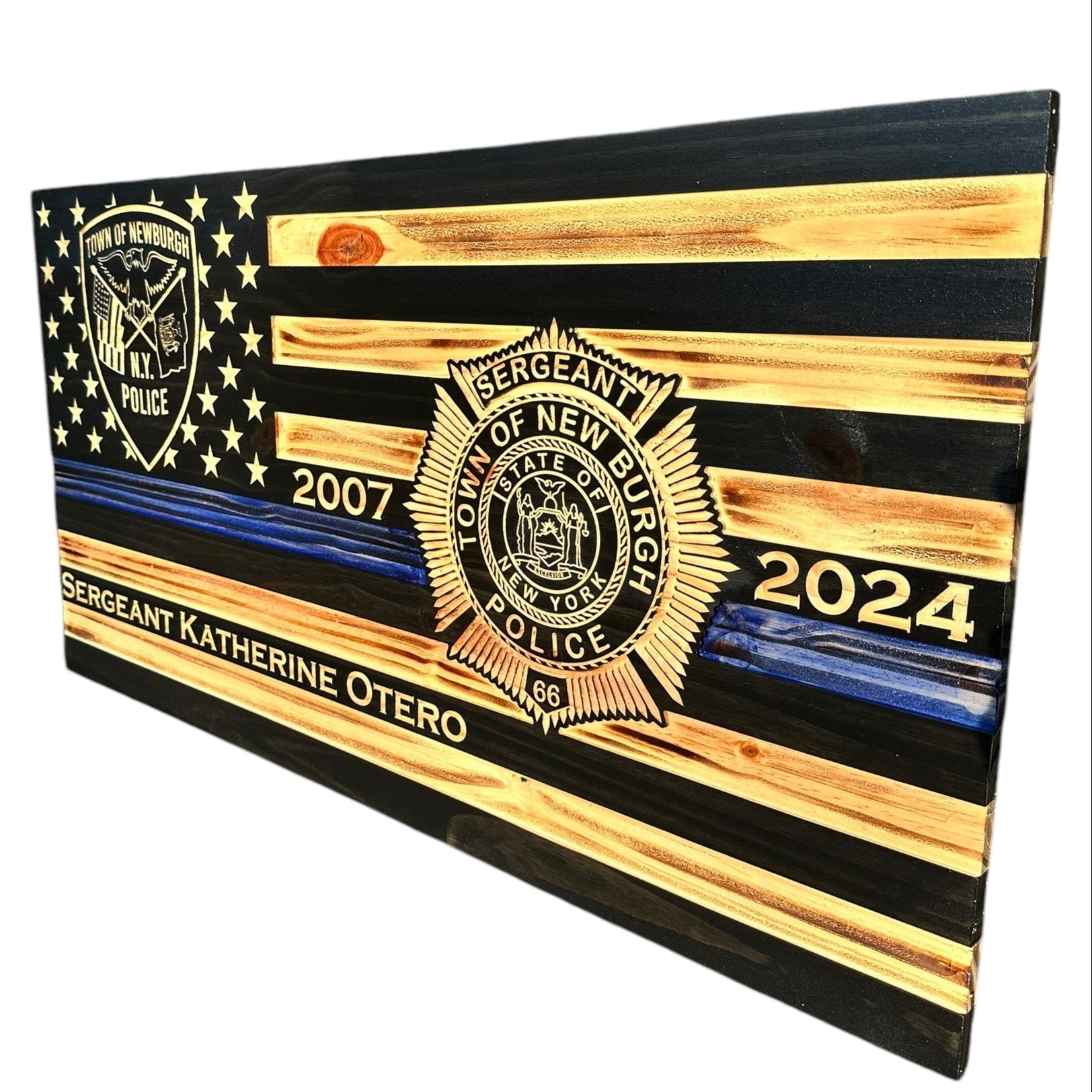 Custom Thin Blue Line Wooden Flag with Engraved Police Badge