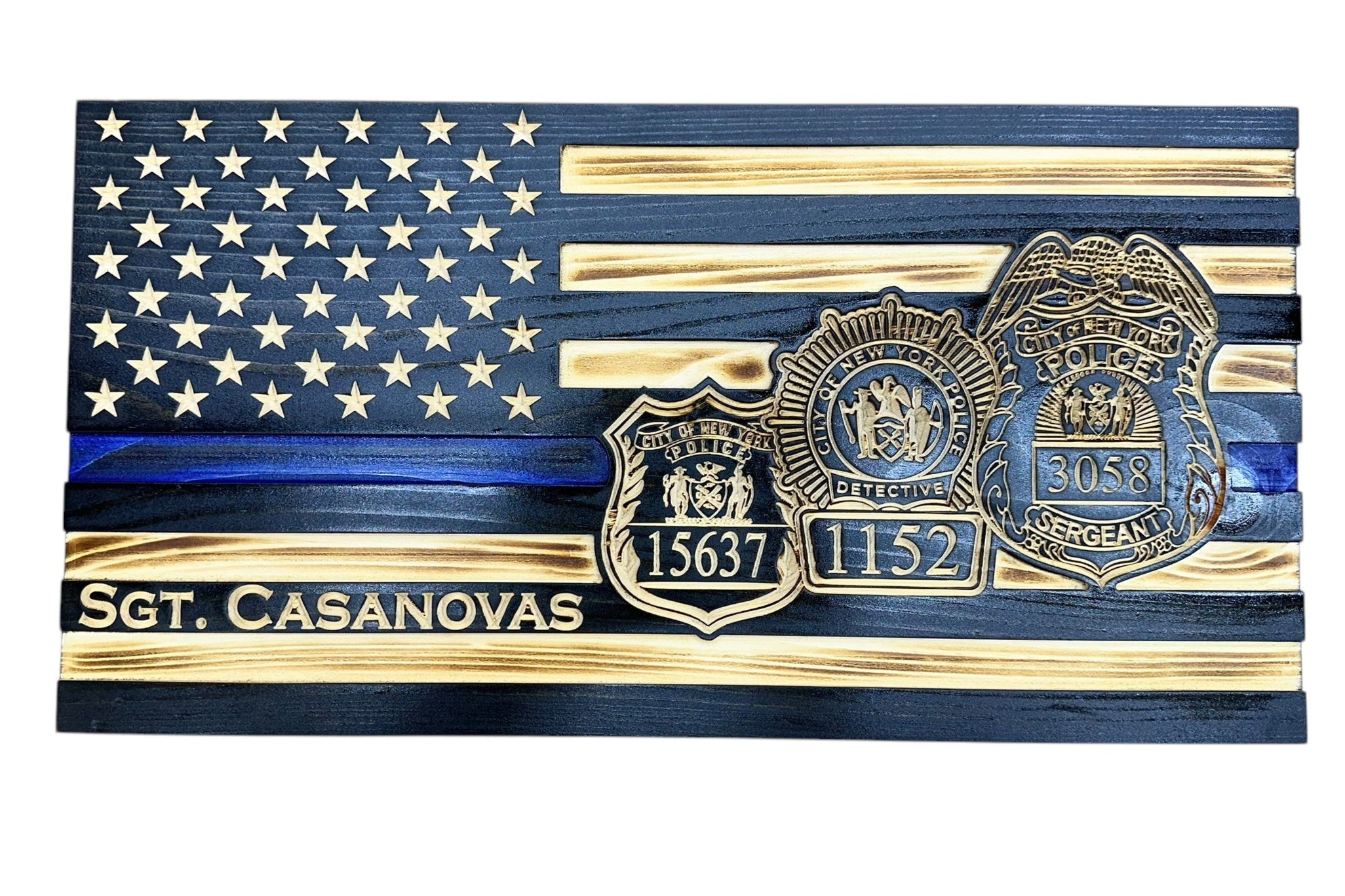 Custom Thin Blue Line Wooden Flag with Engraved Police Badge