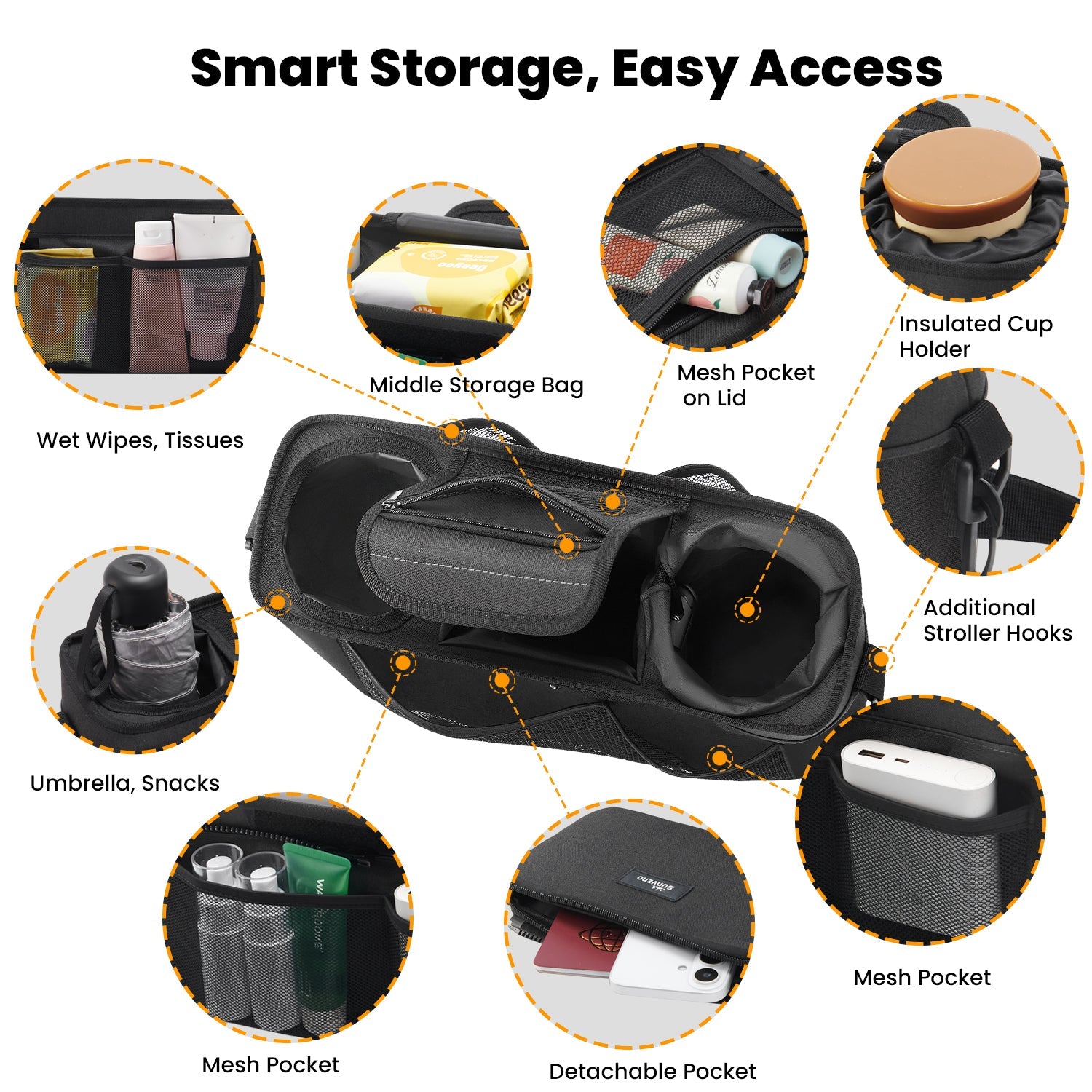 SUNVENO Universal Stroller Organizer with Insulated Cup Holder Detachable Phone Bag