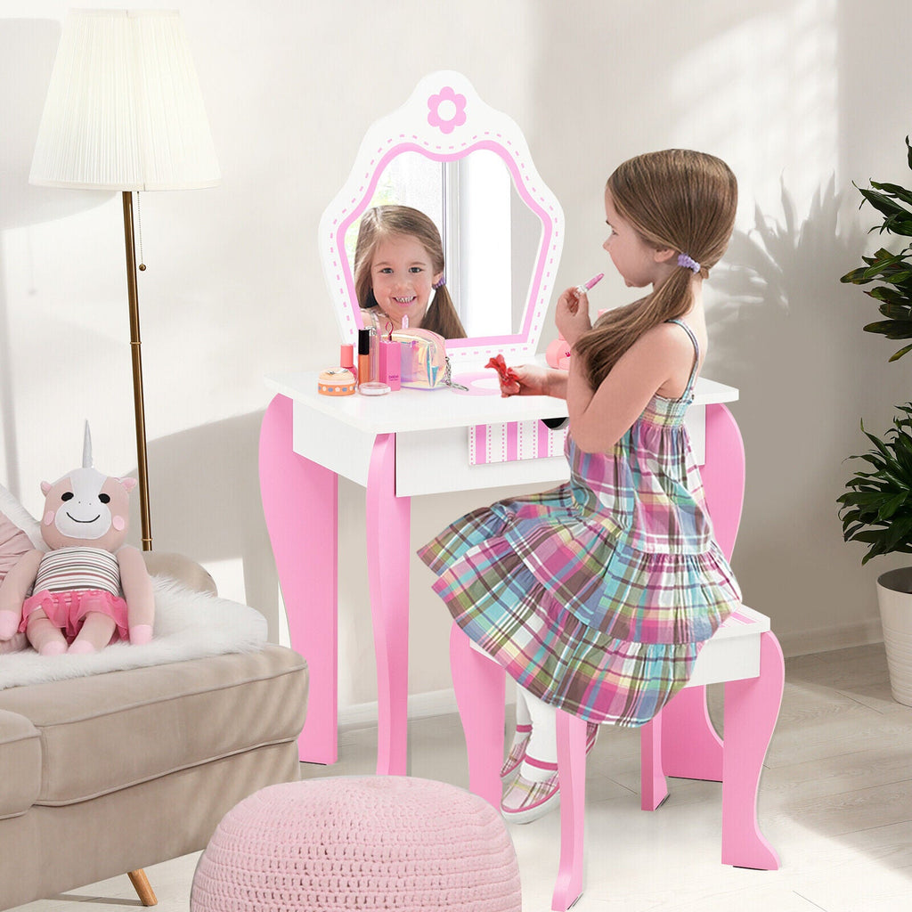 2-in-1 Toddler Vanity Set with Detachable Top & Cute Flower Patterns-White